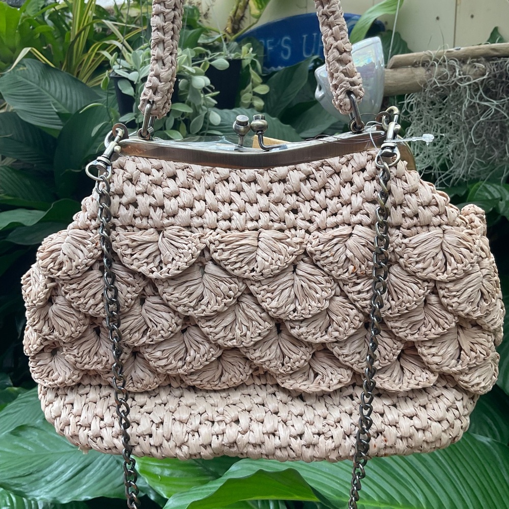 Patricia Nash Laureana Scalloped Raffia Satchel Natural Tan Colored Purse - Picture 10 of 10
